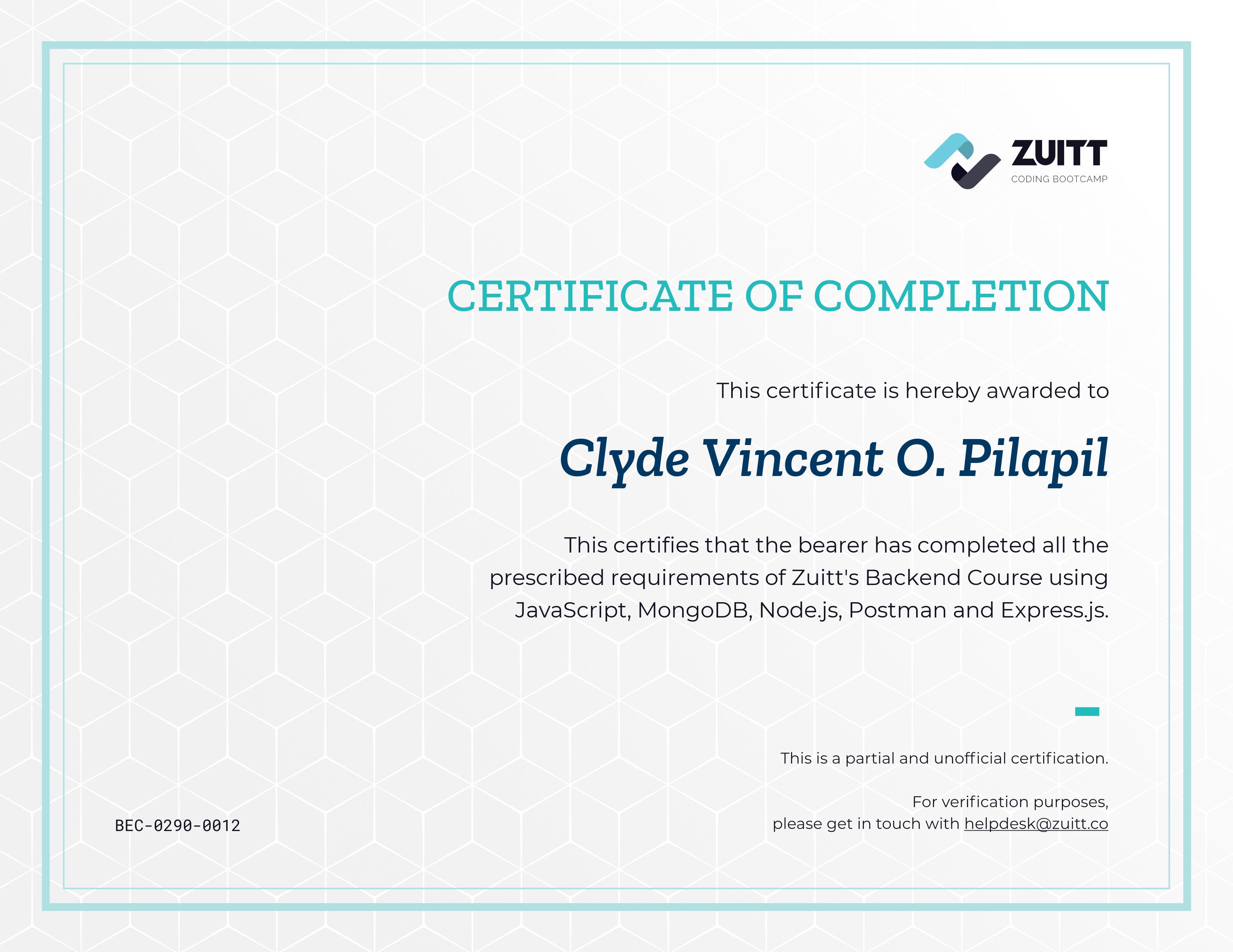 Zuitt Course Completion - Backend Course