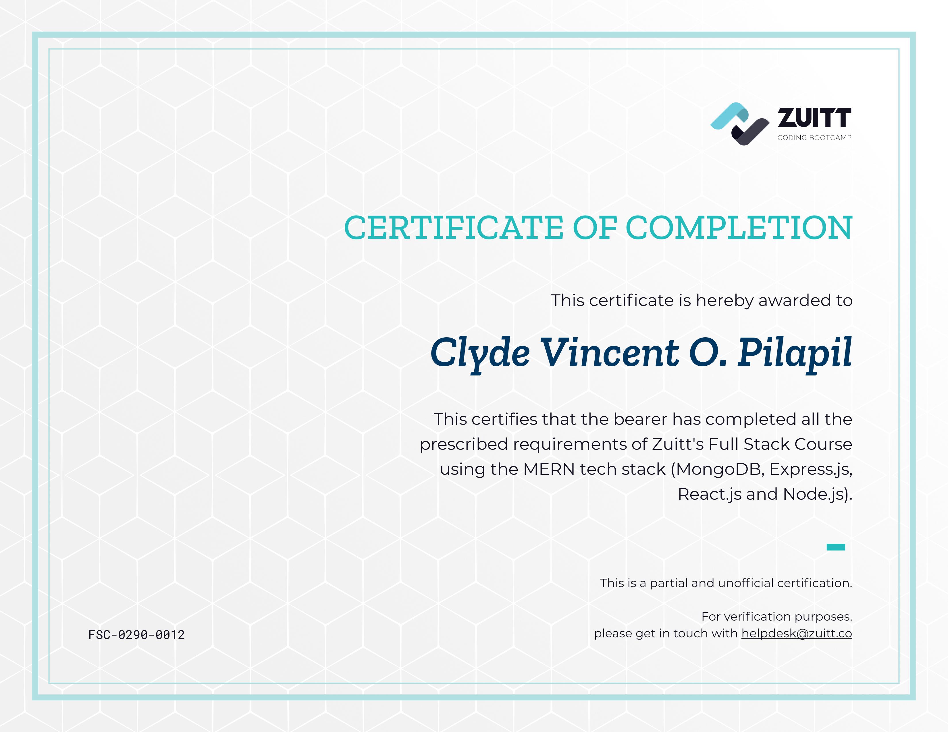Zuitt Course Completion - Full Stack Course